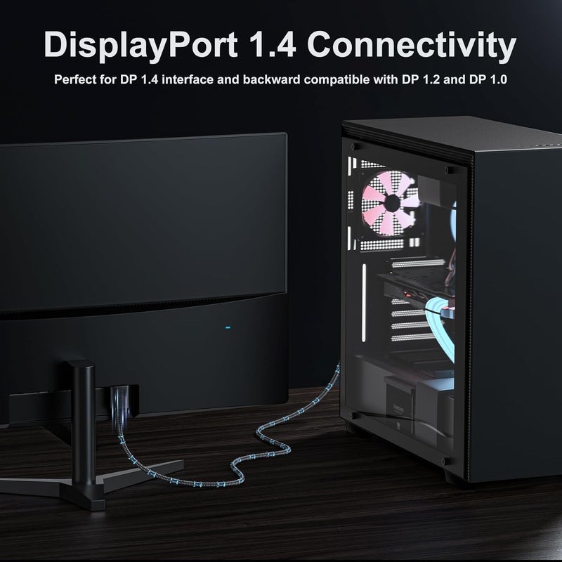 DteeDck DisplayPort 1.4 Cable 10ft, Display Port DP Cables (8K@60Hz, 4K@144Hz, 2K@165Hz, 1080P@240Hz, 32.4Gbps) 10 ft Long Cord Braided for Gaming Monitor Computer PC Laptop - Image 3